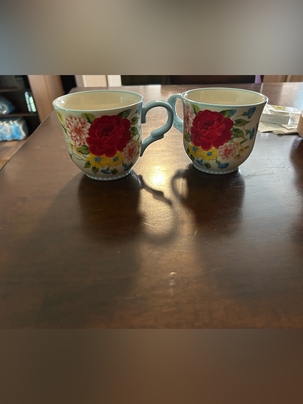 PIONEER Floral Ceramic Tea Cups — Blue Handle with Red Rose Design (Set of 2)